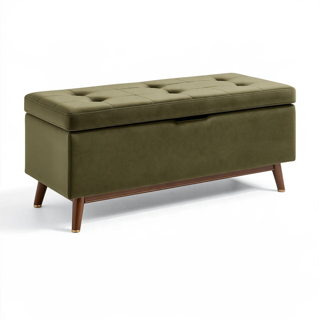 Aufbewahrungsbank 120 x 45 x 48 cm Olivgrüner Samt mit Holzbeinen im Mid-Century-Stil