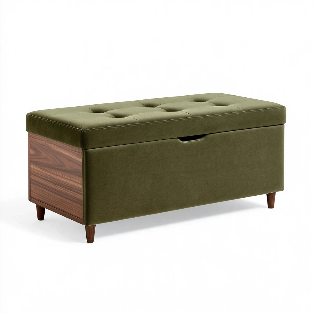 Sitzbank mit Stauraum 120 cm olivgrüner Stoff Holz moderne gepolsterte Truhe
