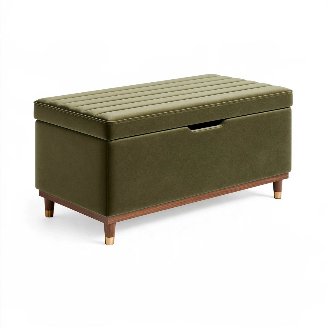 Sitzbank mit Stauraum 100 x 45 x 48 cm olivgrüner Samt Holzgestell gepolstert