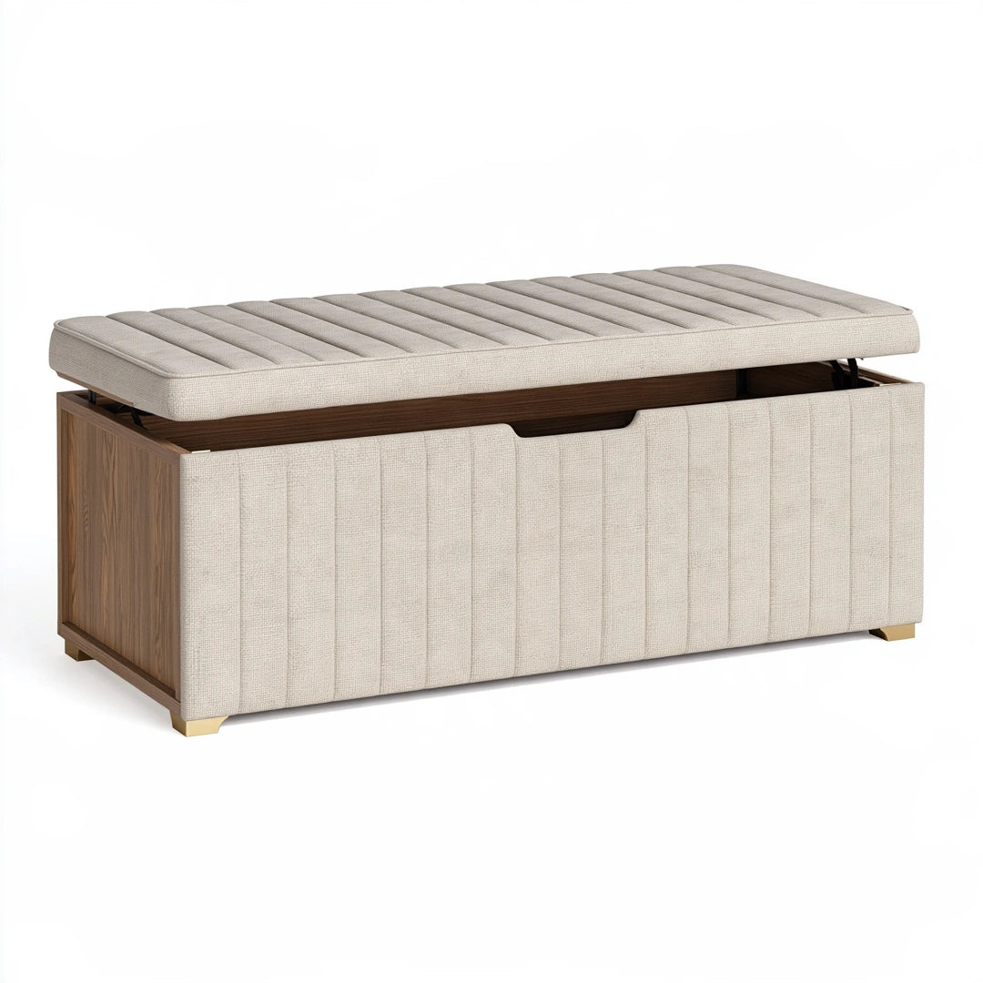 Aufbewahrungsbank 120 cm Beige Holz Textil gepolstert mit Klappdeckel