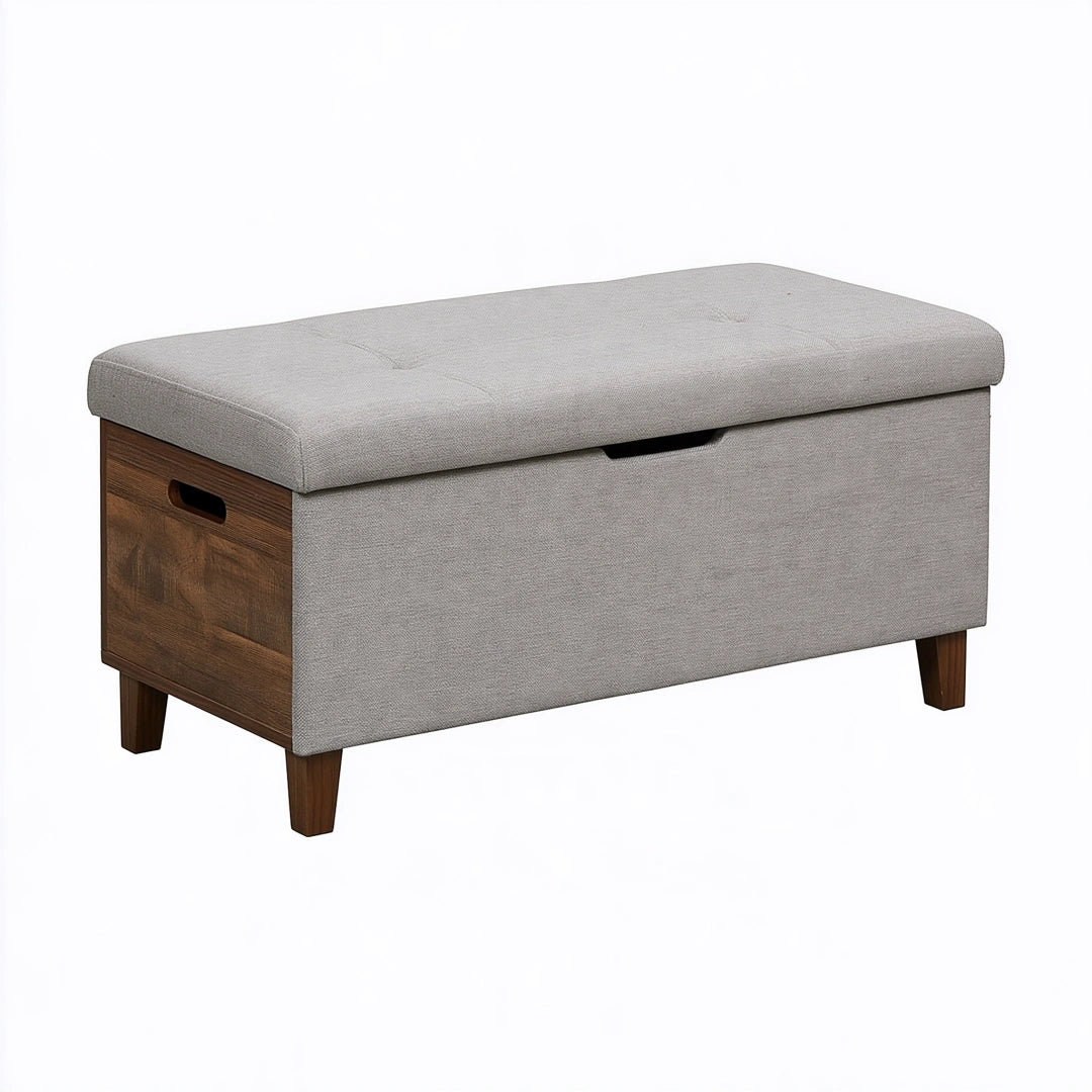 Aufbewahrungsbank 100 x 40 x 50 cm Holz und Stoff Grau Braun - gepolsterte Sitzbank mit Stauraum