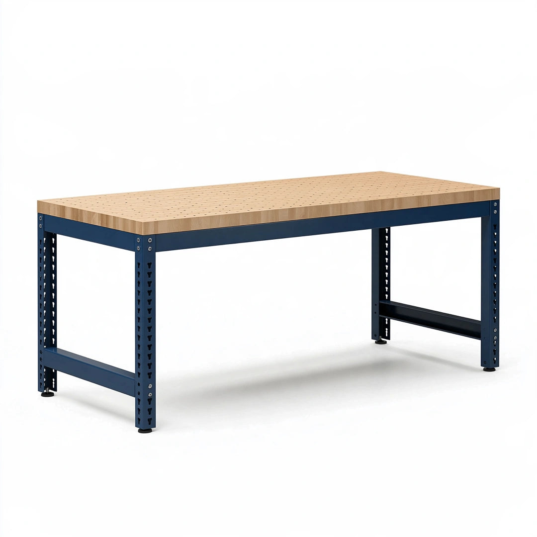 Werkbank 150 x 75 x 90 cm Holz Stahl Blau Natur höhenverstellbar
