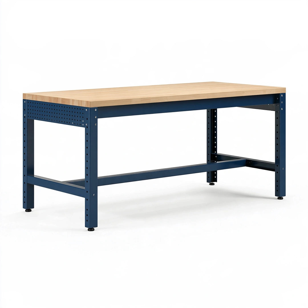Werkbank 160 x 80 x 90 cm mit Holzarbeitsplatte und Stahlgestell in Natur/Blau im Industriestil