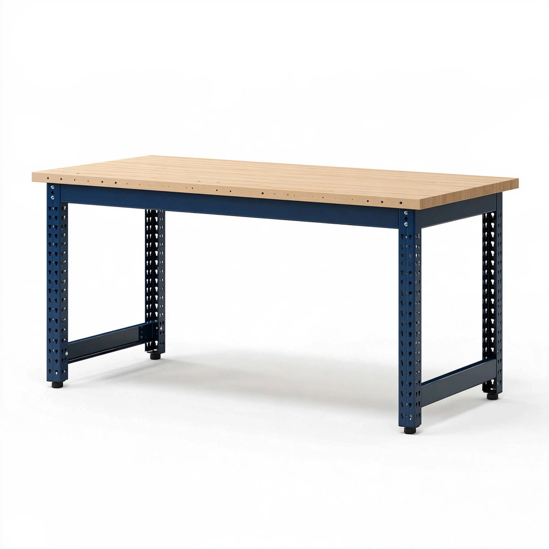 Werkbank 160 x 80 x 90 cm Holzplatte Stahlgestell Blau Natur Industriestil