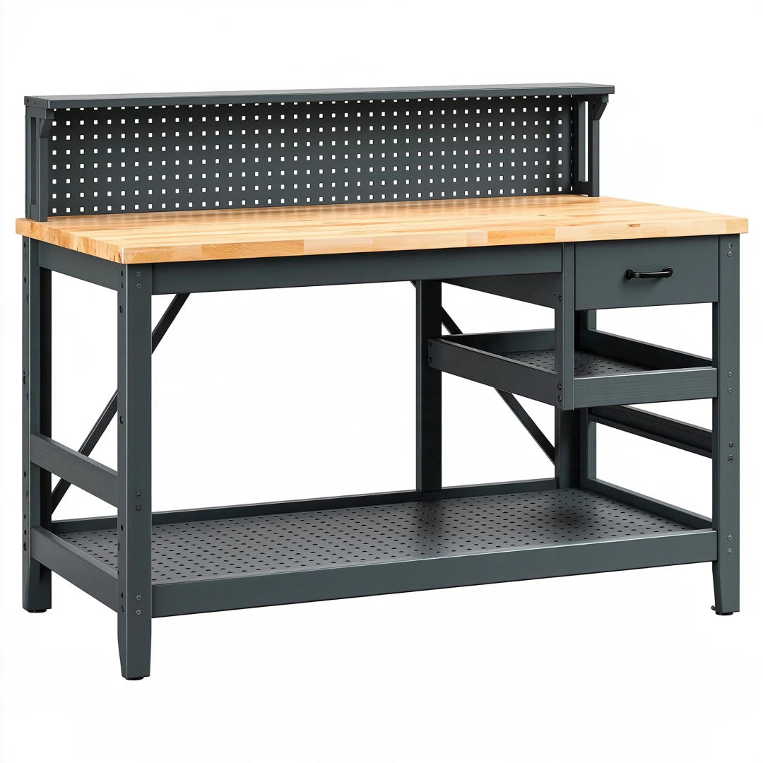 Werkbank 152 x 61 x 152 cm aus Stahl und Holz in Schwarz/Natur mit Lochwand und Schublade
