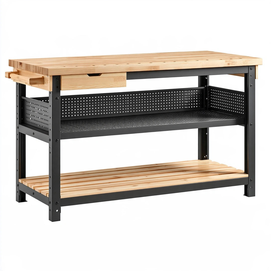 Werkbank 120 x 60 x 90 cm aus Holz und Stahl natur schwarz mit Schublade und Ablagen