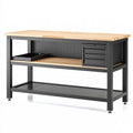 Werkbank 120 x 60 x 90 cm aus Holz und Stahl Schwarz Natur - Industrie Stil mit Schubladen und Ablagen