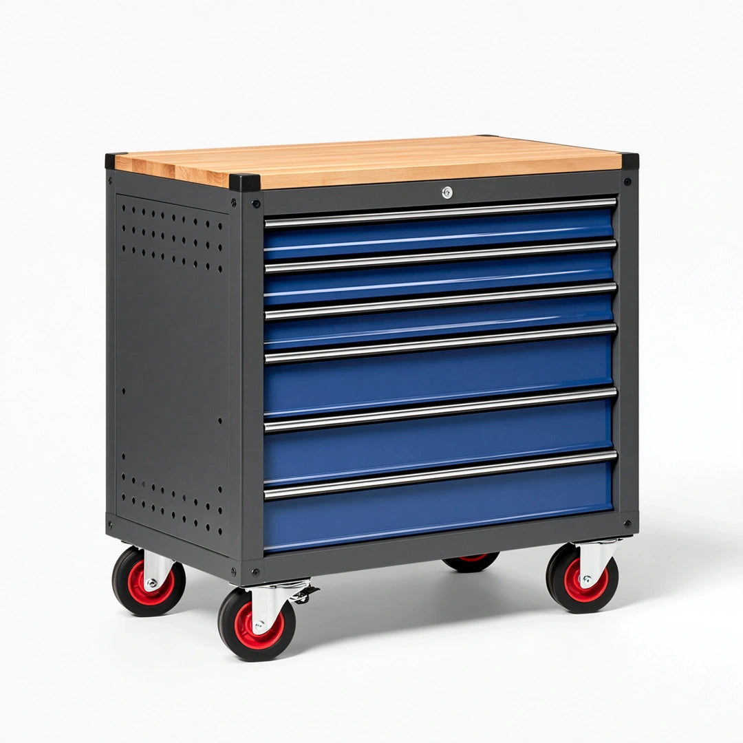 Werkstattwagen 77 x 46 x 95 cm Stahl Blau Schwarz mit Holzarbeitsplatte und 6 Schubladen