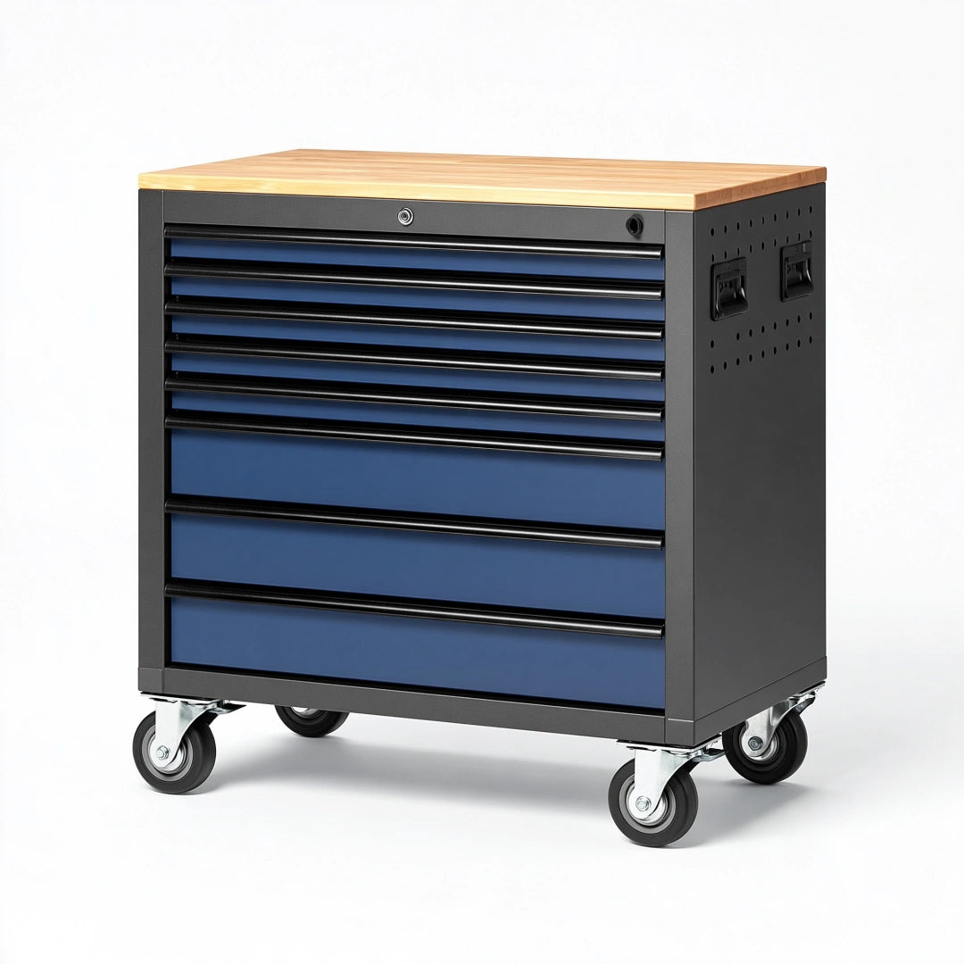 Werkzeugwagen 80 x 50 x 95 cm Stahl Holz Schwarz Blau mit 8 Schubladen und Rollen