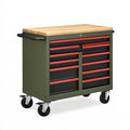 Werkzeugwagen 100 x 50 x 95 cm aus Stahl olivgrün mit Holzarbeitsplatte und 11 Schubladen