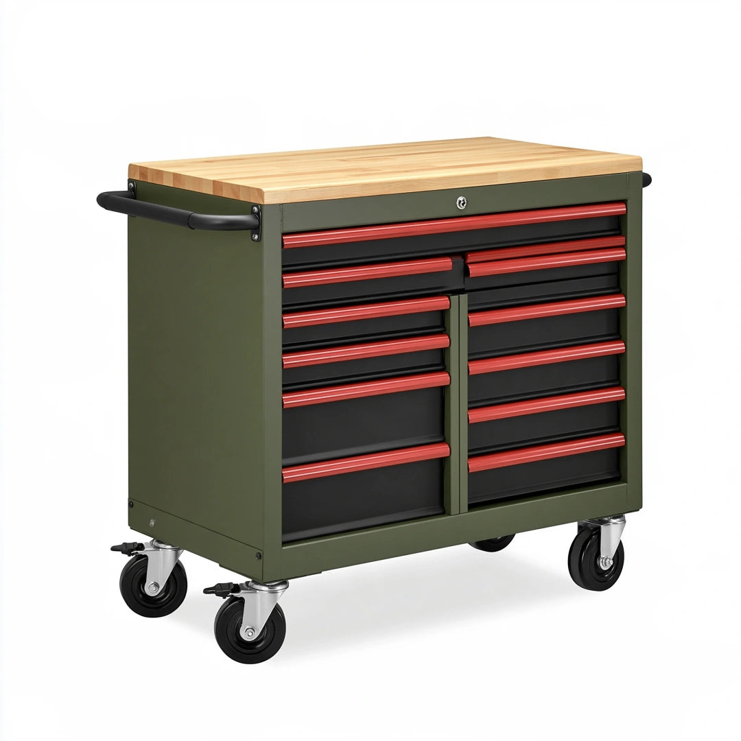 Werkzeugwagen 100 x 50 x 95 cm aus Stahl olivgrün mit Holzarbeitsplatte und 11 Schubladen