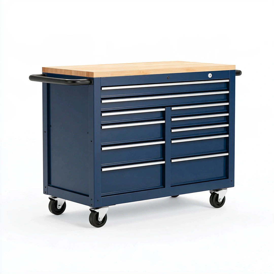 Werkzeugwagen 120 x 60 x 95 cm aus Stahl und Holz in Dunkelblau mit 10 Schubladen
