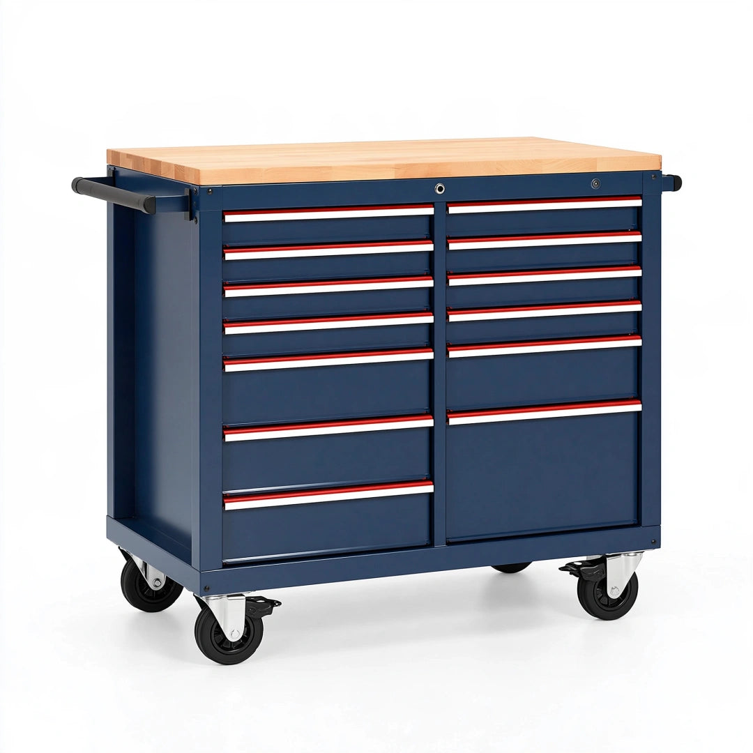 Werkstattwagen 120 x 60 x 95 cm Stahl Holz Blau mit 13 Schubladen und Rollen