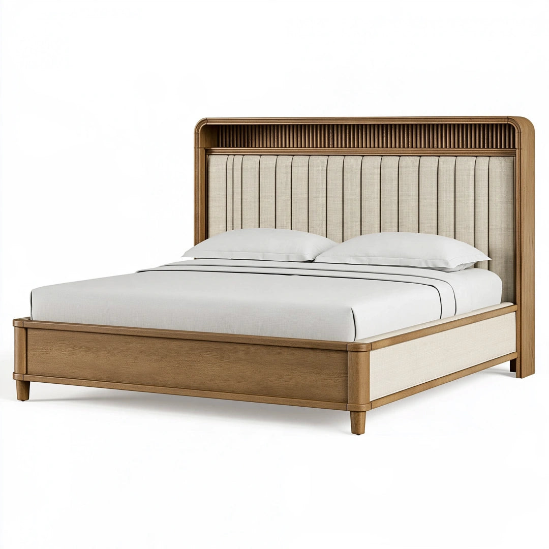 Bett 160 x 200 cm Holz Braun Beige mit gepolstertem Kopfteil modern