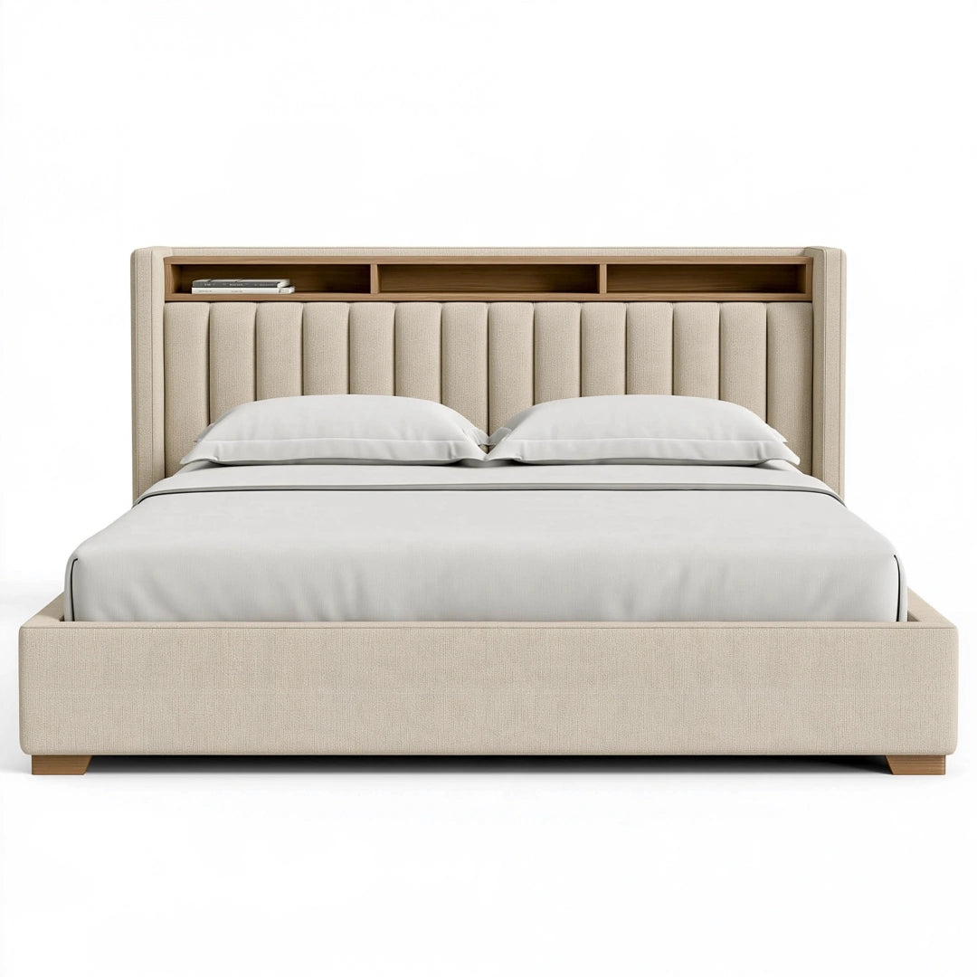 Polsterbett 180 x 200 cm in Beige mit Stoffbezug und Kopfteil mit Ablagen