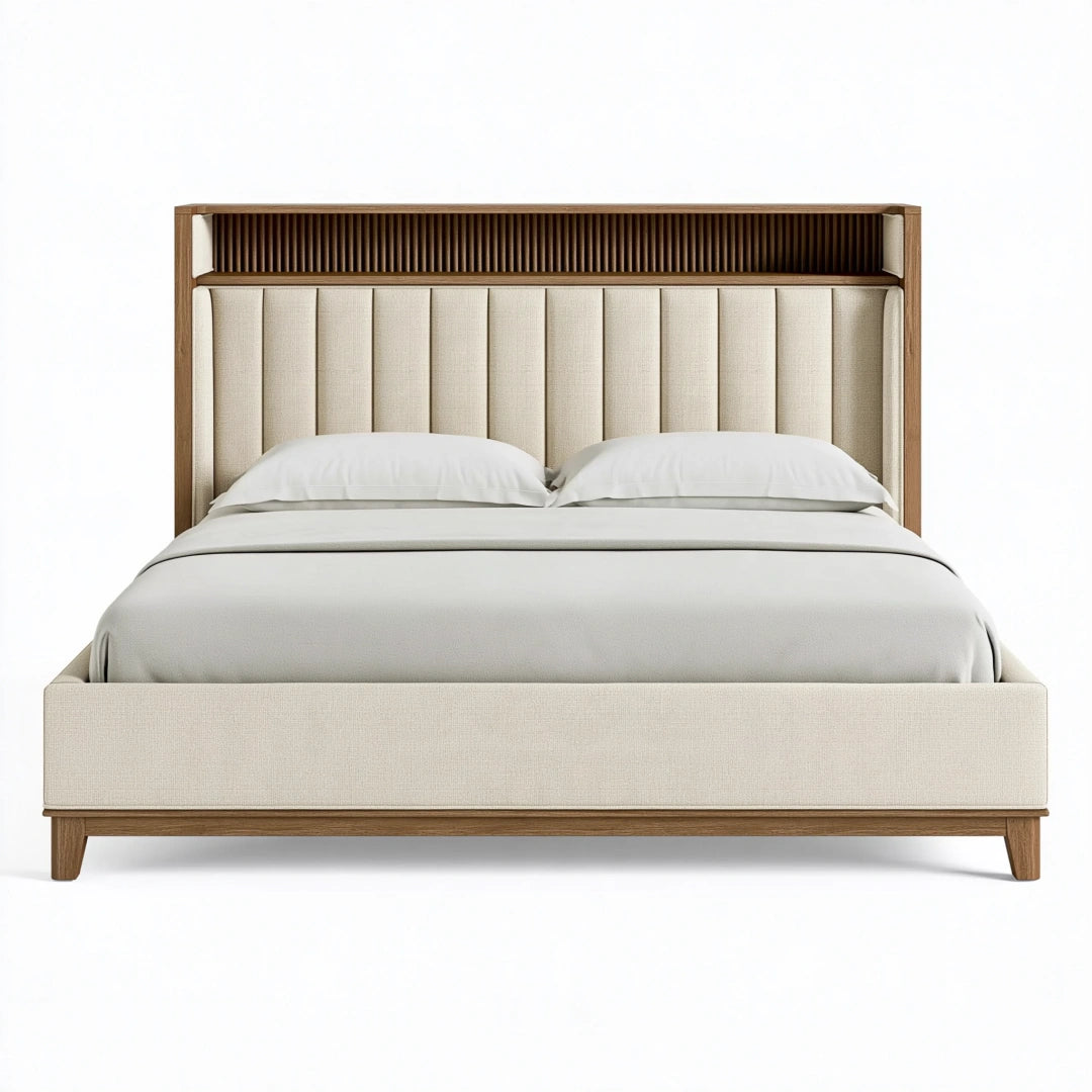 Polsterbett 180 x 200 cm Holz Beige - Modernes Doppelbett mit gepolstertem Kopfteil