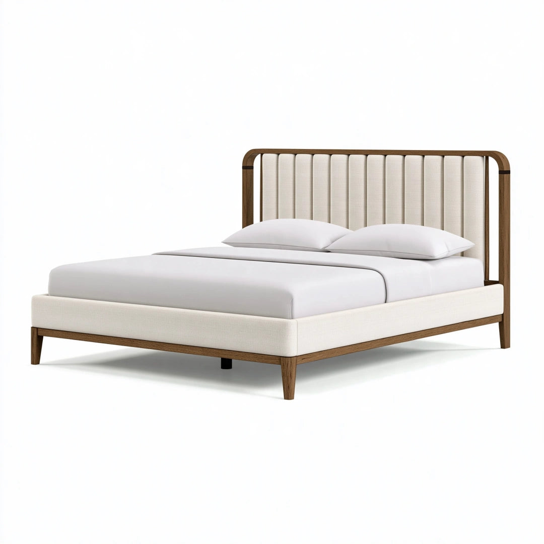 Polsterbett 160 x 200 cm Holz und Stoff Beige Braun - modernes Bettgestell mit gepolstertem Kopfteil