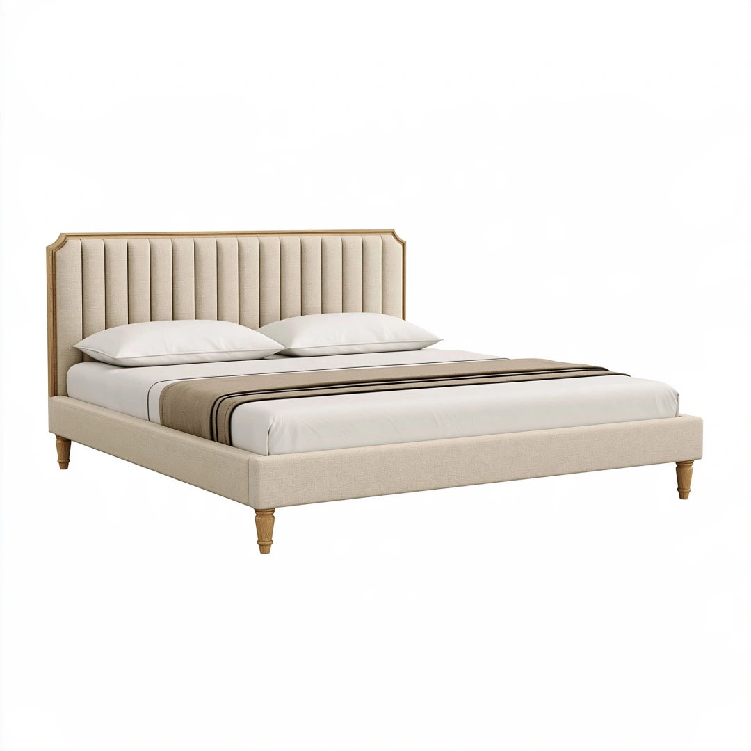 Polsterbett 180 x 200 cm Beige Stoff Holzbeine gepolstertes Kopfteil