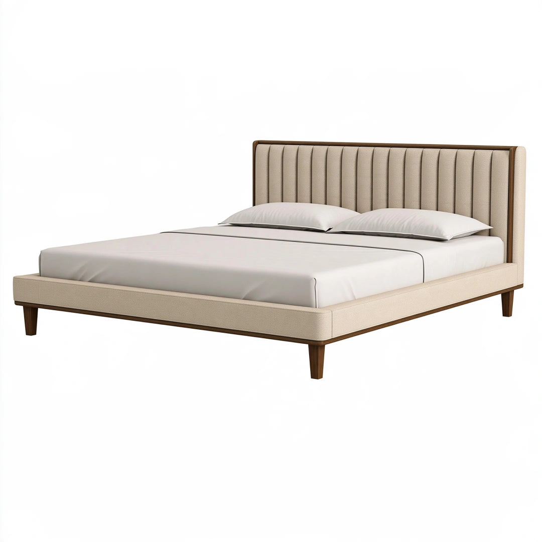Polsterbett 160 x 200 cm Beige Stoff Holzfüße mit vertikal gestepptem Kopfteil